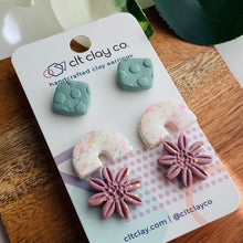 Load image into Gallery viewer, Blue Dots + Lilac Daisies + Confetti Arches Stud pack